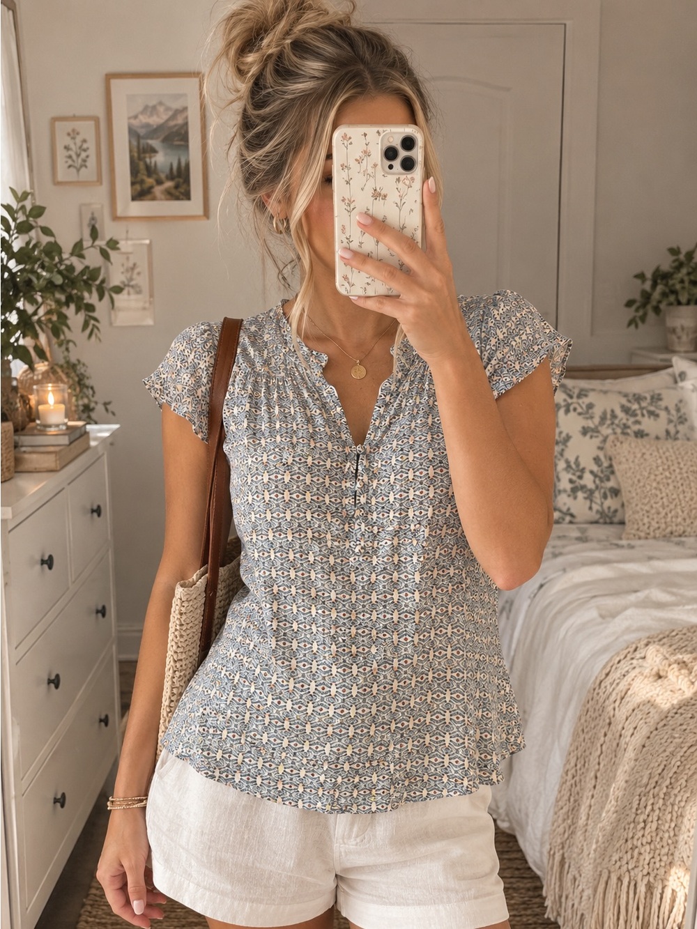 Northern Reflections Vintage-Inspired Nature Print Blouse Gold Accents Size S